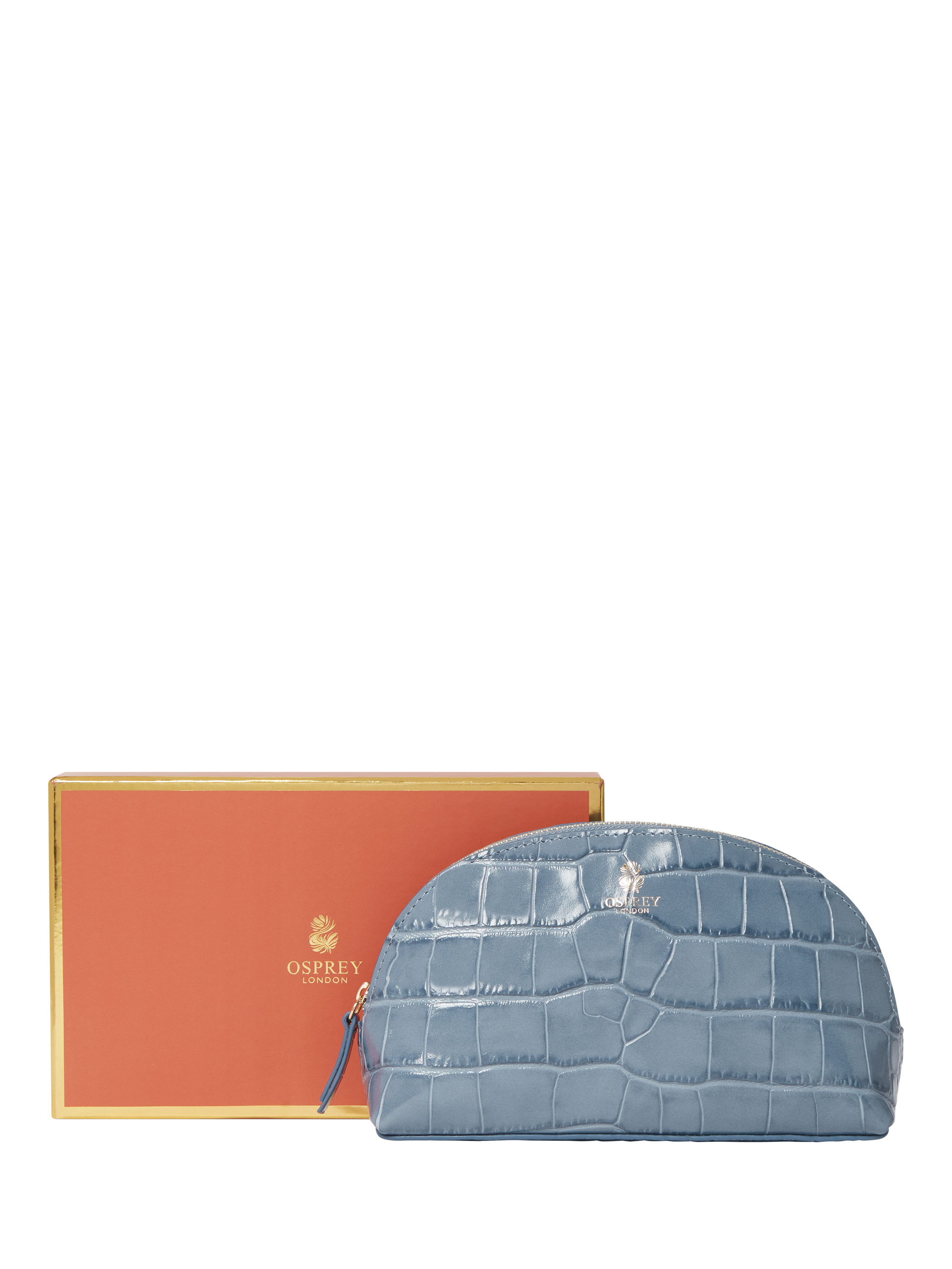 Product image 2 of 5, which shows OSPREY LONDON Wentworth Croc Effect Leather Makeup Bag, Smoke Blue