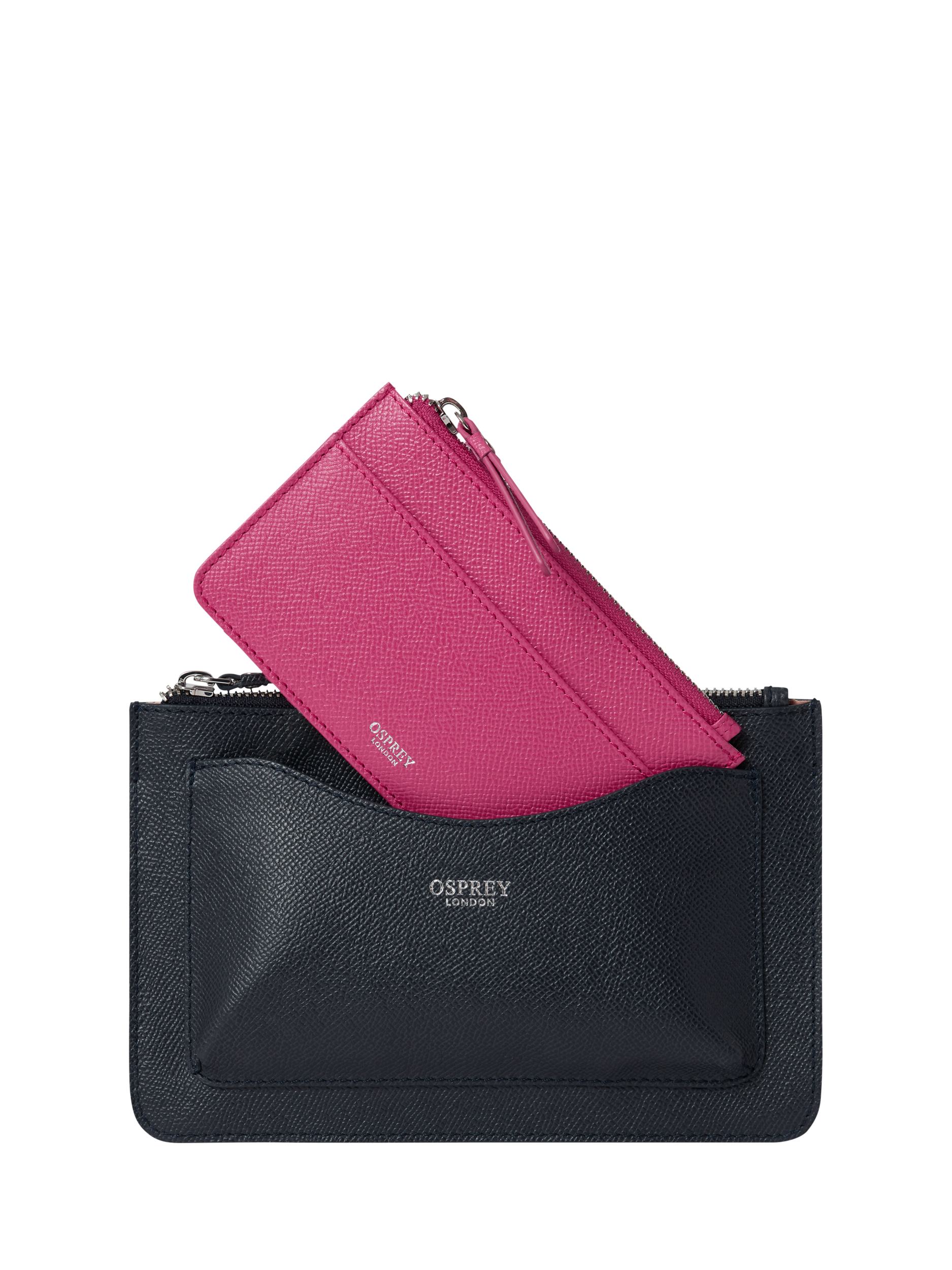 Product image 1 of 6, which shows OSPREY LONDON Viva Leather Travel Pouch, Navy & Pink