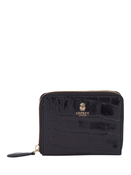 OSPREY LONDON Wentworth Croc Leather Zip Purse, Black, Black