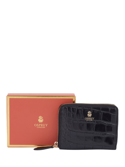 OSPREY LONDON Wentworth Croc Leather Zip Purse, Black - view 2, Black
