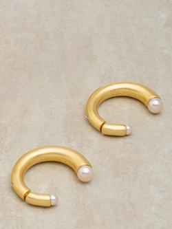 Reiss Anais Curve Hoop Earrings, Gold/Pearl - view 2, Gold/Pearl