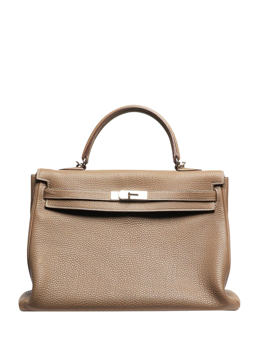 Product image 1 of 10, which shows Pre-loved Hermès 2012 Kelly 35 Clemence Leather Top Handle Grab Bag, Taupe