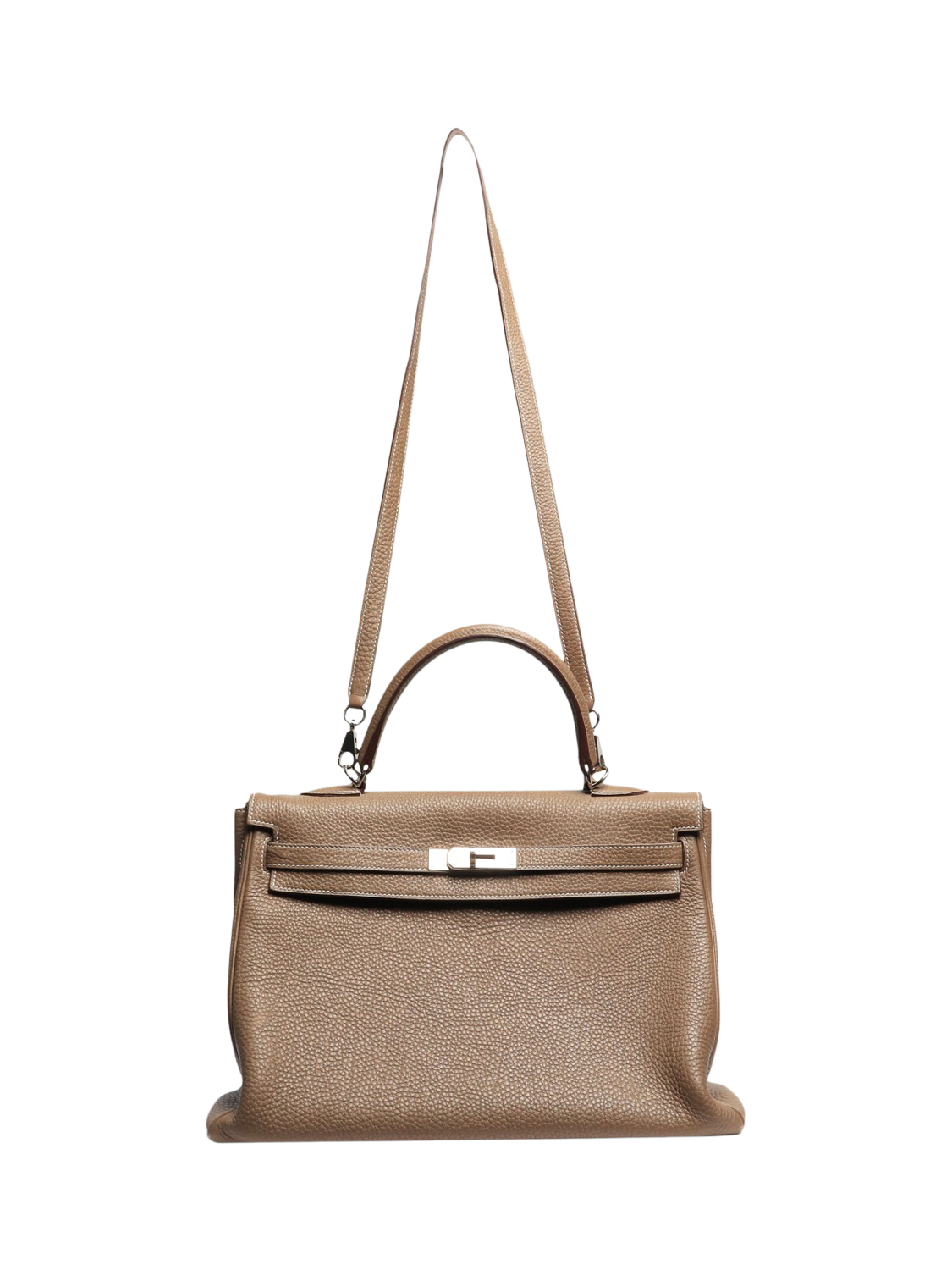 Product image 2 of 10, which shows Pre-loved Hermès 2012 Kelly 35 Clemence Leather Top Handle Grab Bag, Taupe