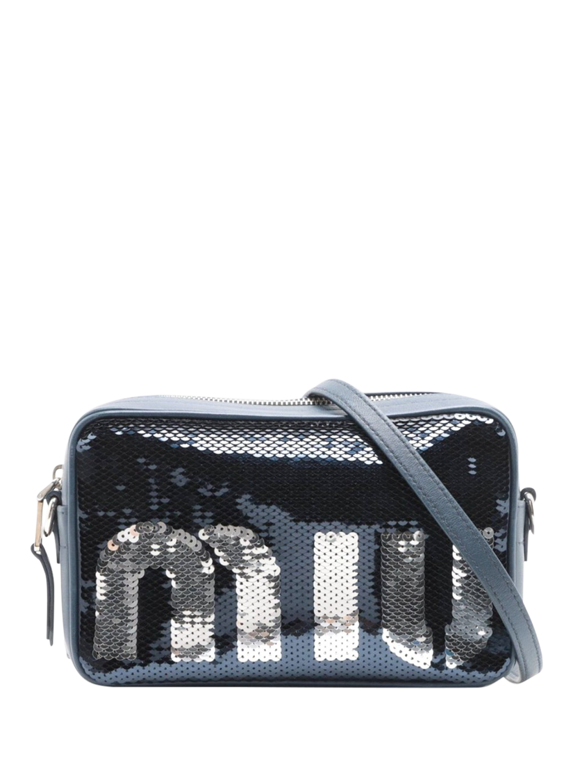 Product image 1 of 8, which shows Pre-loved Miu Miu Sequin Logo Pouch Bag, Dark Blue