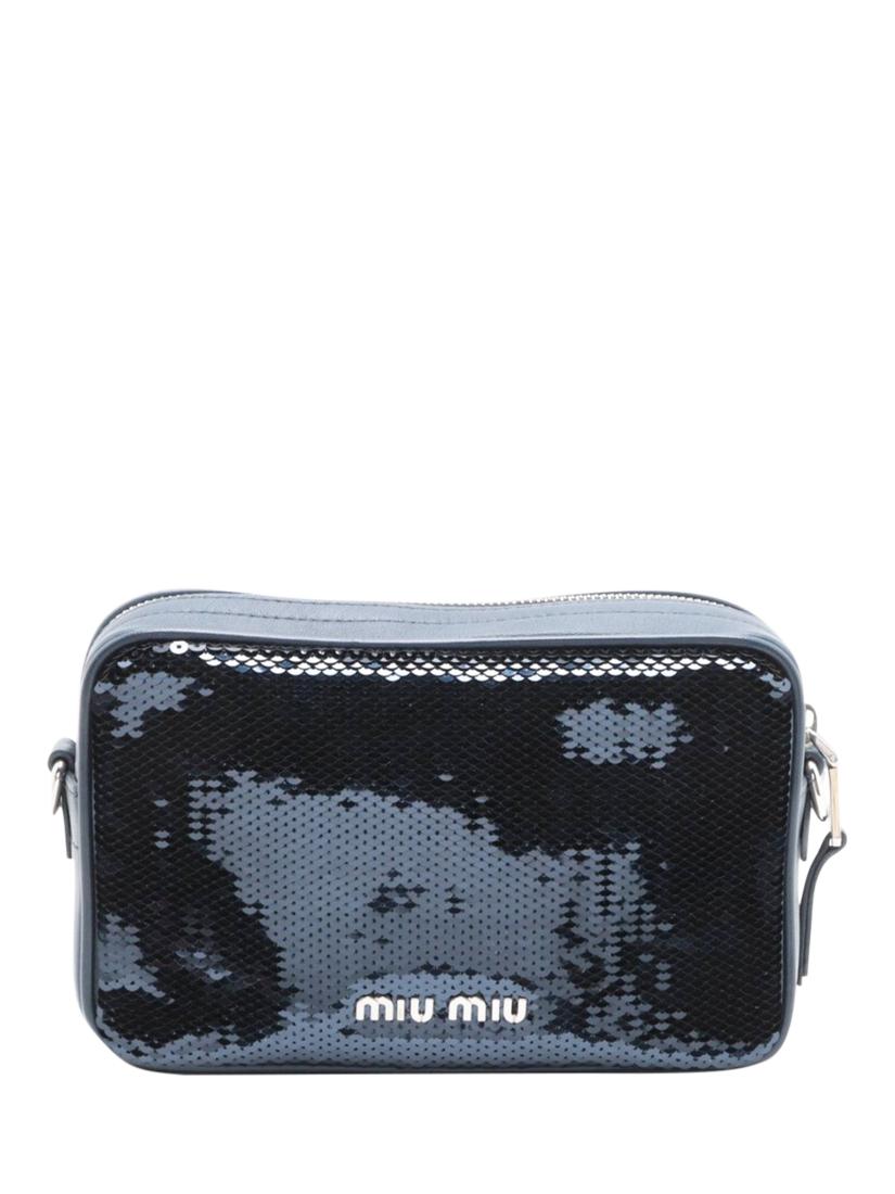 Product image 2 of 8, which shows Pre-loved Miu Miu Sequin Logo Pouch Bag, Dark Blue