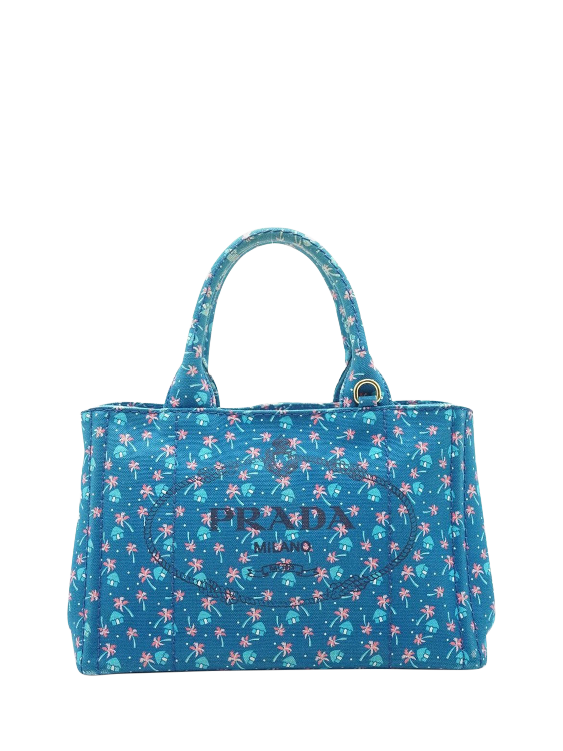 Product image 1 of 10, which shows Pre-loved Prada Palm Trees Canapa 2-Way Tote Bag, Blue