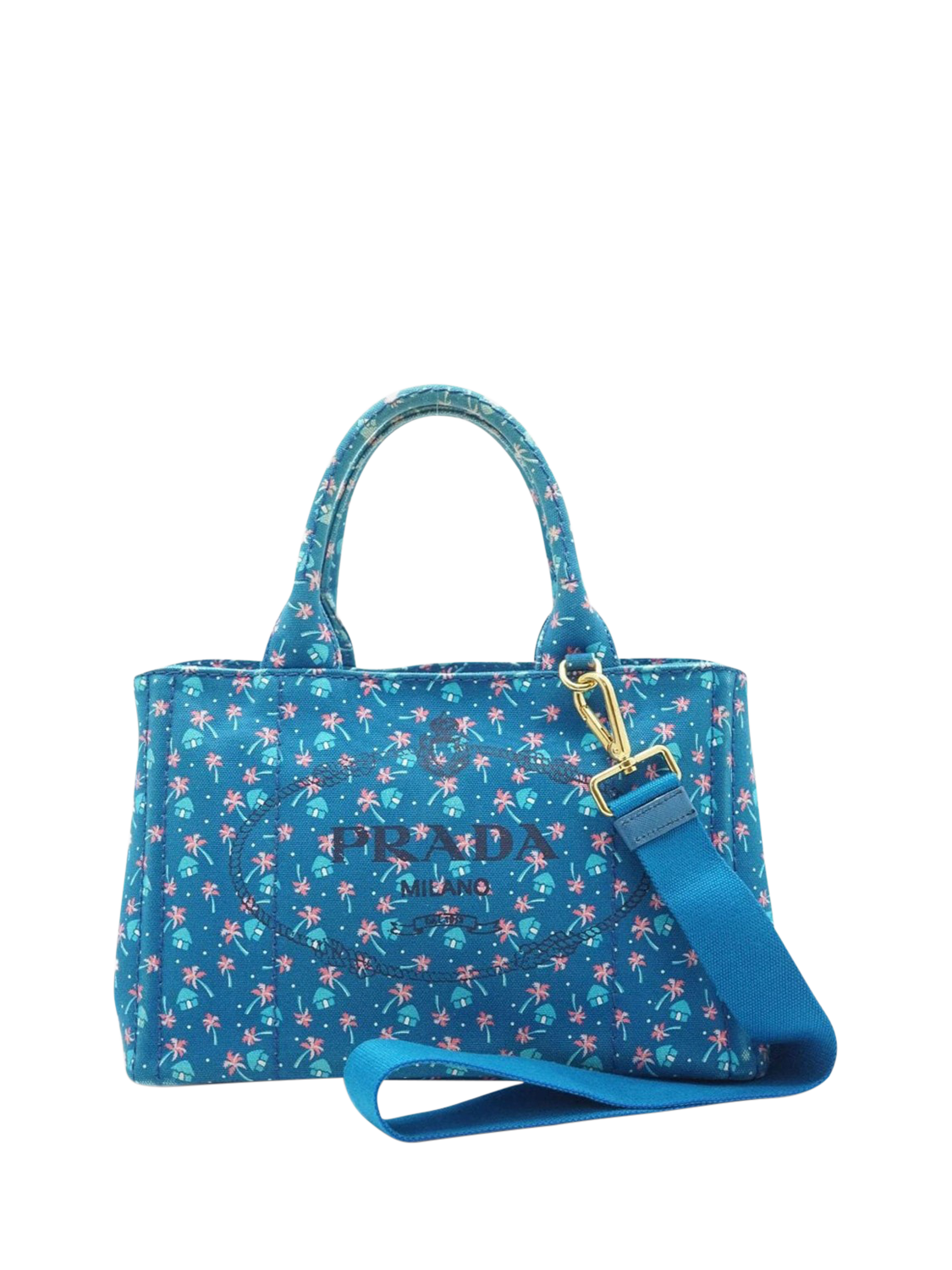 Product image 2 of 10, which shows Pre-loved Prada Palm Trees Canapa 2-Way Tote Bag, Blue