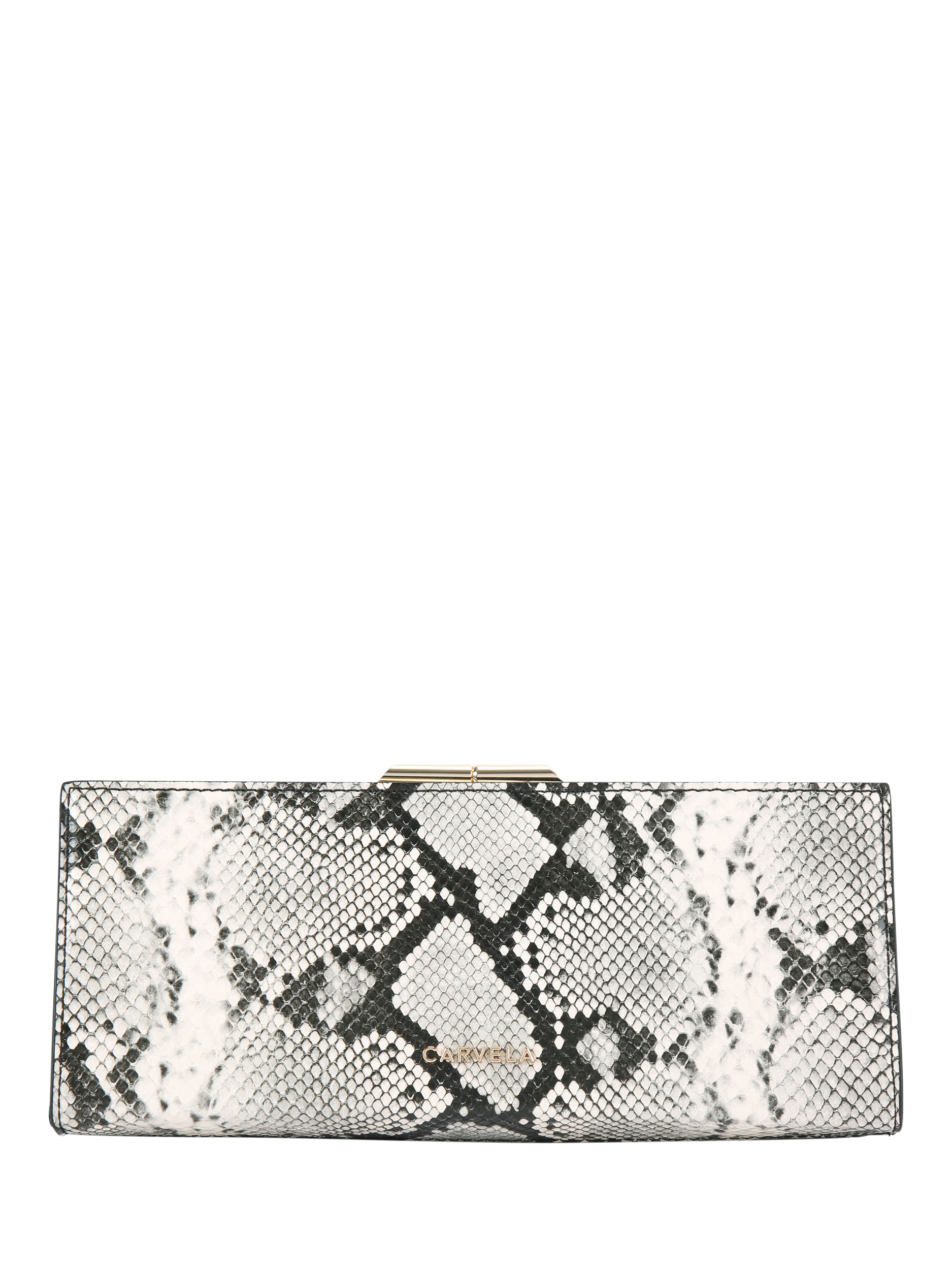 Product image 1 of 5, which shows Carvela Alto Snake Print Clutch Bag, Bone/Comb