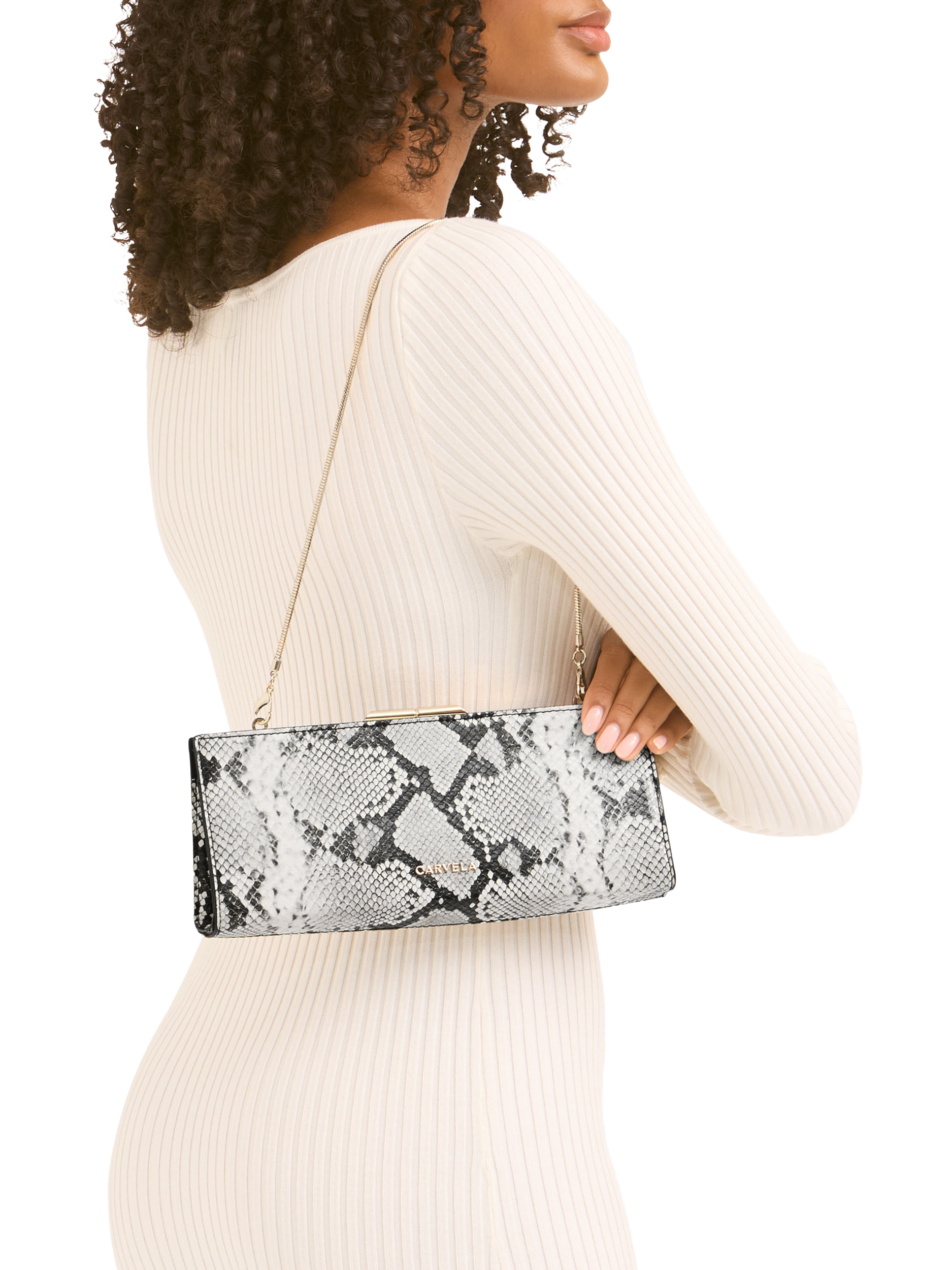 Product image 2 of 5, which shows Carvela Alto Snake Print Clutch Bag, Bone/Comb