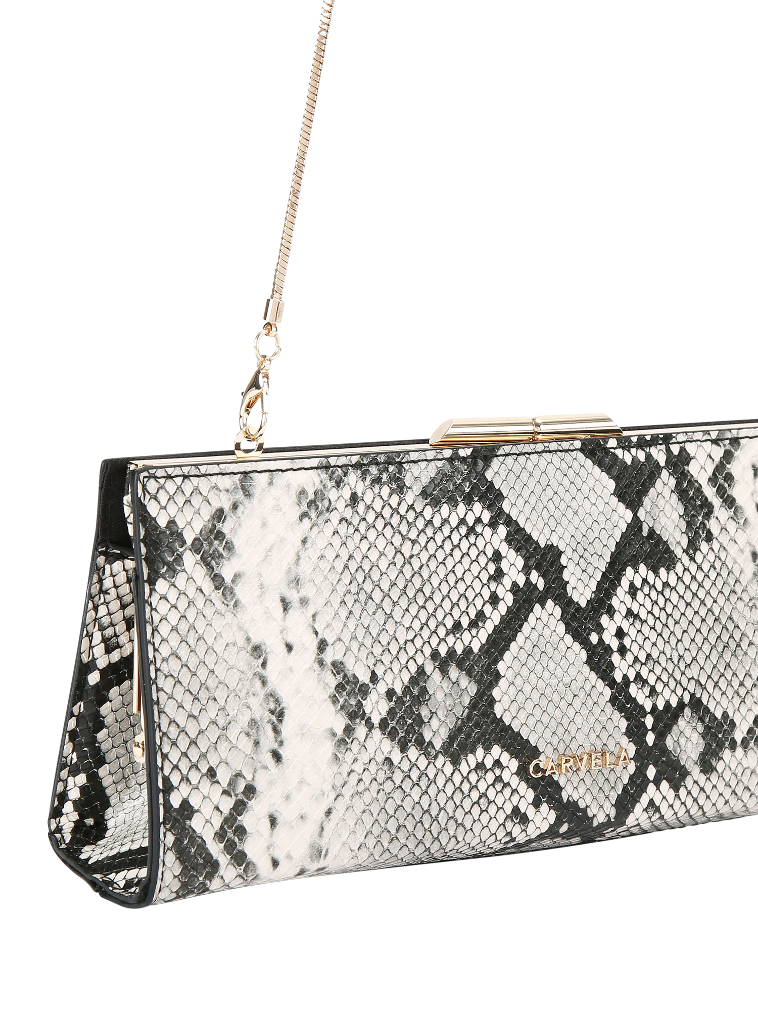 Product image 3 of 5, which shows Carvela Alto Snake Print Clutch Bag, Bone/Comb