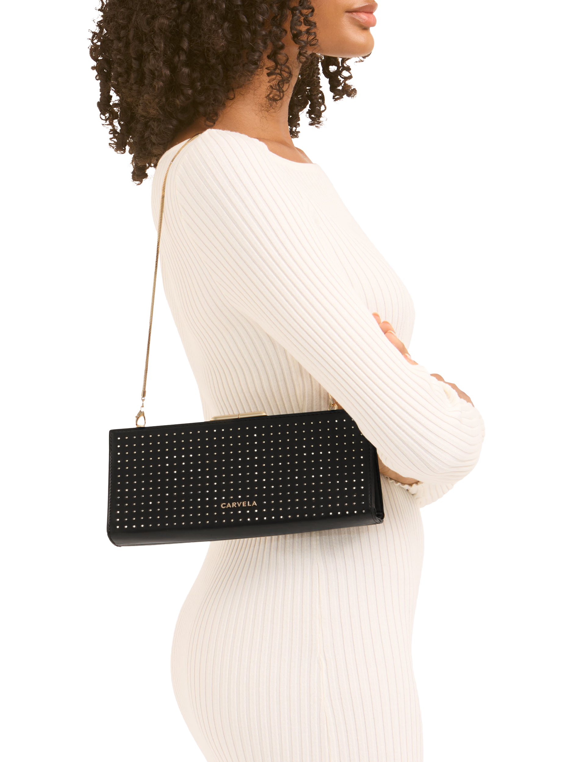 Product image 2 of 5, which shows Carvela Alto Crystal Stud Clutch Bag, Black/Comb
