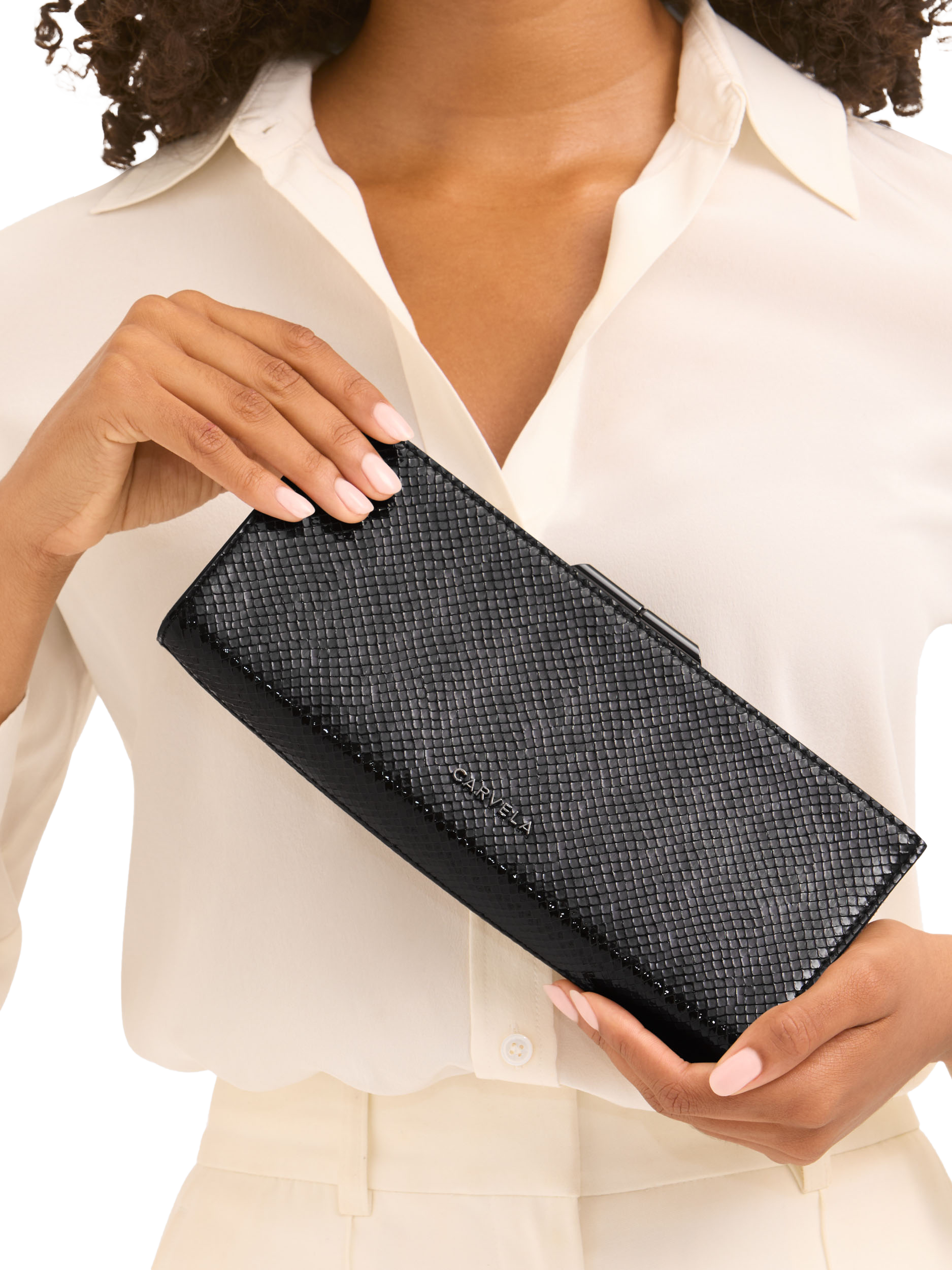 Product image 3 of 6, which shows Carvela Alto Lizard Embossed Clutch Bag, Black/Comb