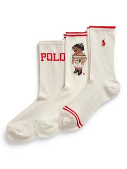 Ralph Lauren Polo Bear Crew Socks Gift Set, Pack of 3, Oat/Ivory/Red, Oat/Ivory/Red