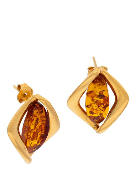 Be-Jewelled Baltic Amber Stud Earrings, Gold/Cognac, Gold/Cognac