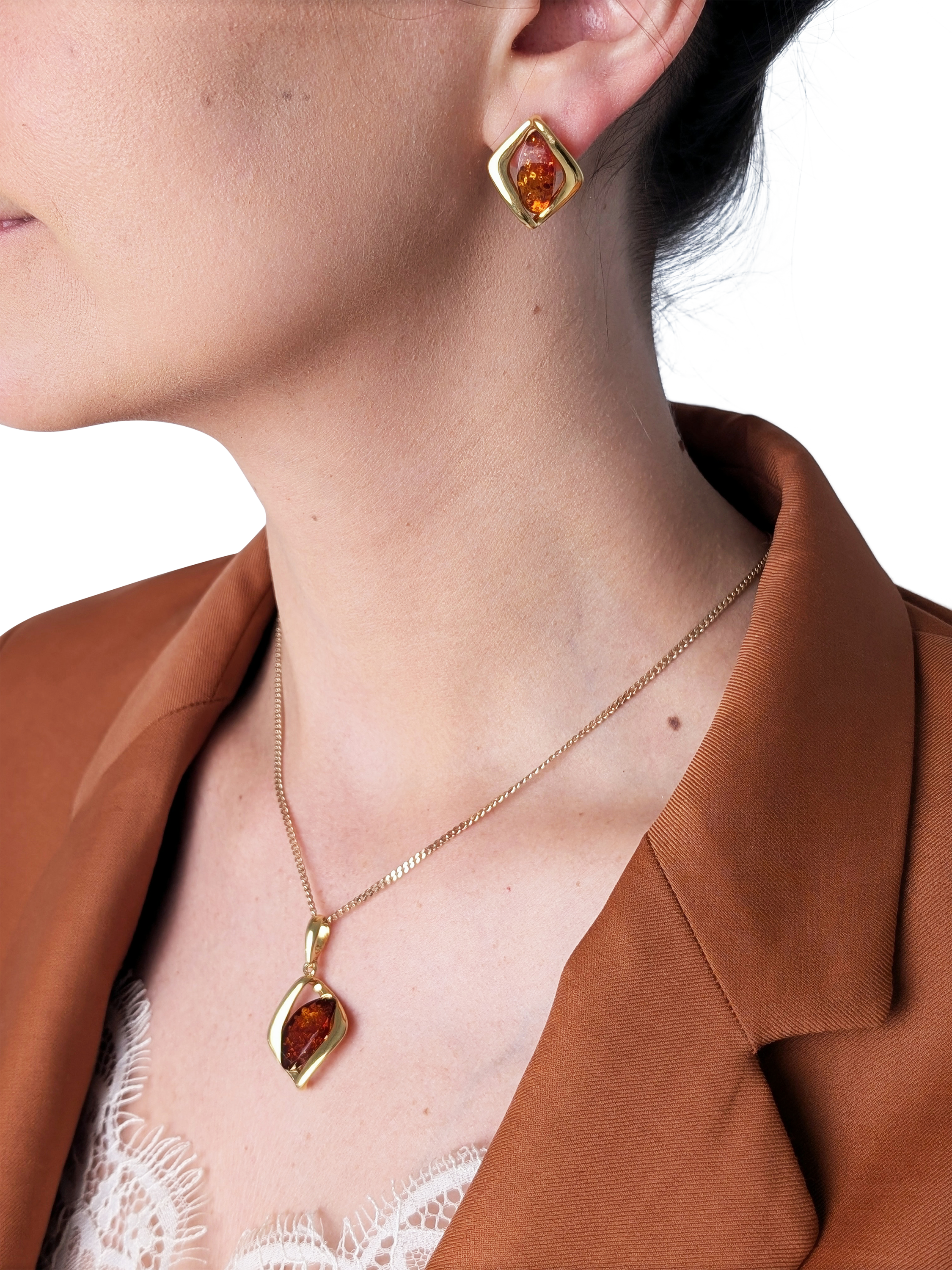 Product image 2 of 3, which shows Be-Jewelled Baltic Amber Stud Earrings, Gold/Cognac