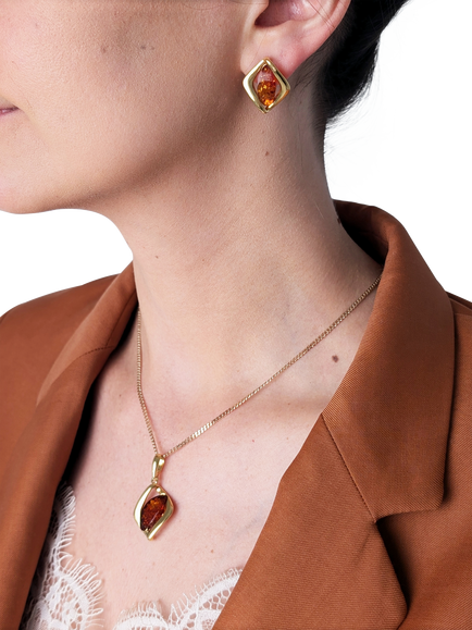 Be-Jewelled Baltic Amber Stud Earrings, Gold/Cognac - view 2, Gold/Cognac