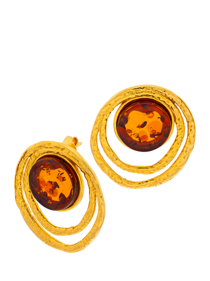 Be-Jewelled Baltic Amber Textured Statement Earrings, Gold/Cognac, Gold/Cognac
