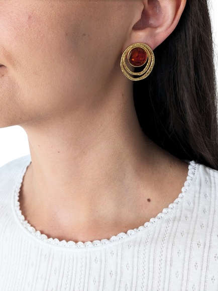 Be-Jewelled Baltic Amber Textured Statement Earrings, Gold/Cognac - view 2, Gold/Cognac