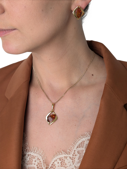 Be-Jewelled Baltic Amber Pendant Necklace, Gold/Cognac - view 2, Gold/Cognac