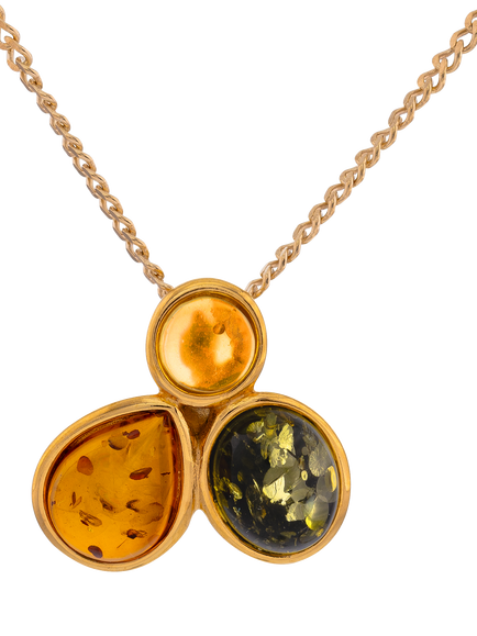 Be-Jewelled 3-Stone Baltic Amber Pendant, Gold/Multi, Gold/Multi
