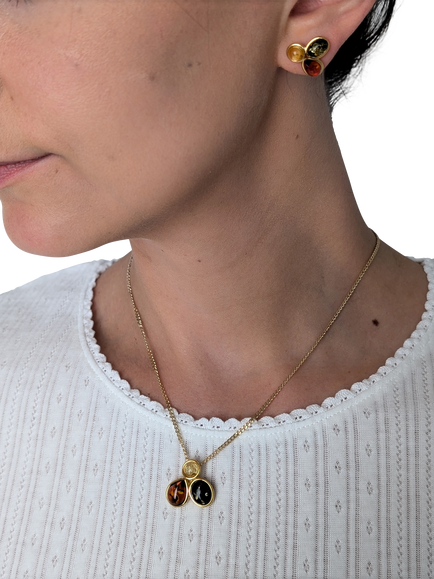 Be-Jewelled 3-Stone Baltic Amber Pendant, Gold/Multi - view 2, Gold/Multi