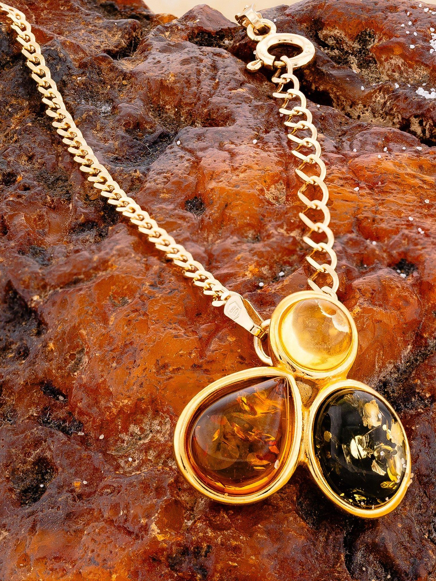 Product image 3 of 4, which shows Be-Jewelled 3-Stone Baltic Amber Pendant, Gold/Multi
