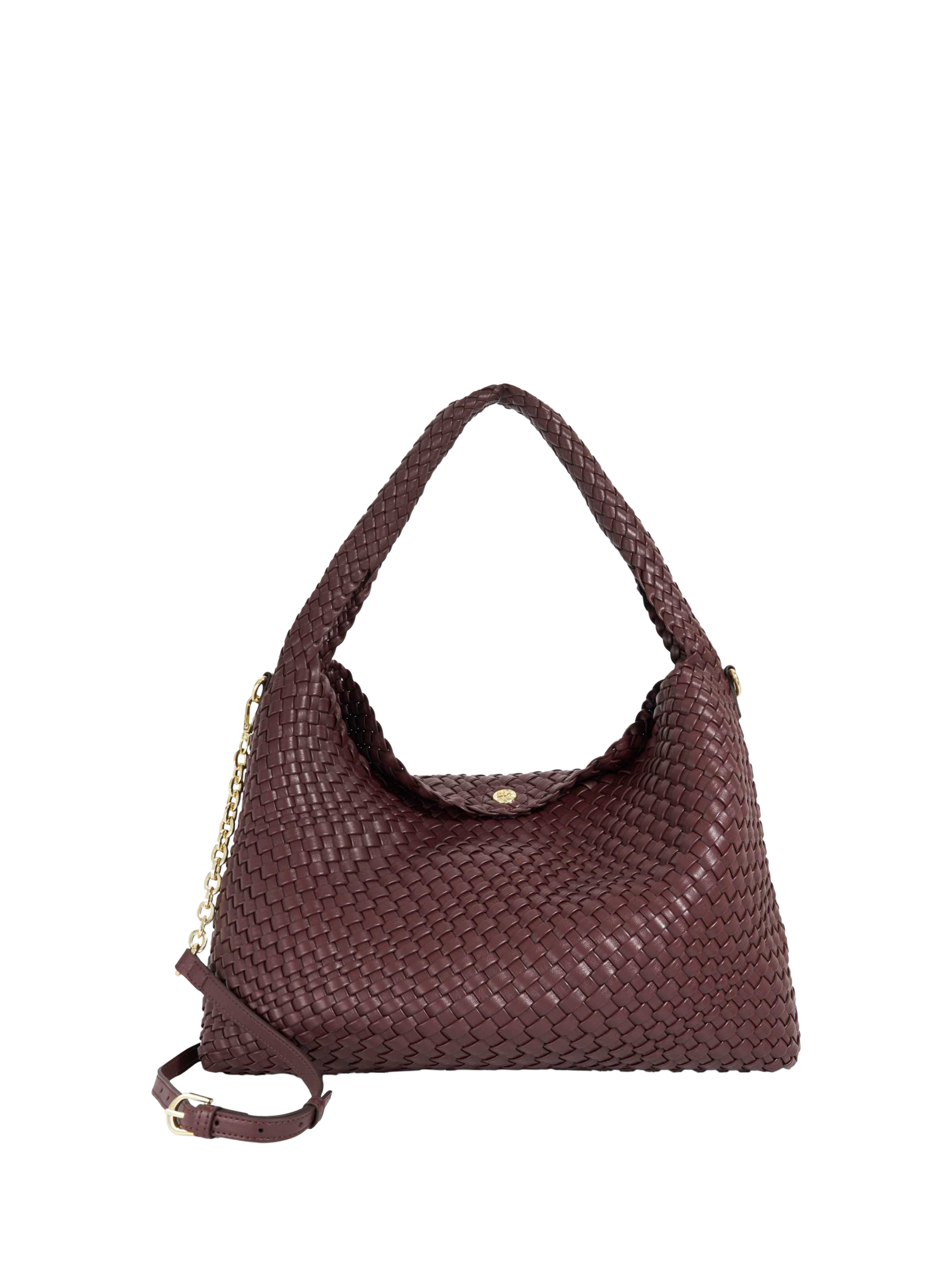 Product image 1 of 4, which shows Dune London Deliberate L Woven Shoulder Bag, Burgundy