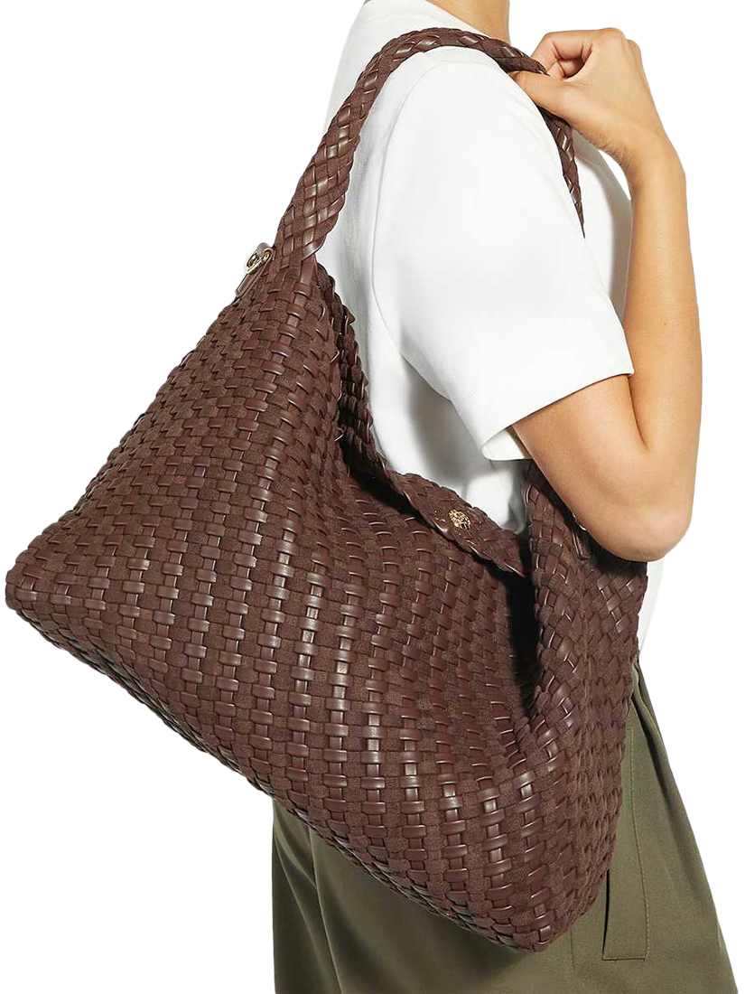 Product image 2 of 5, which shows Dune London Deliberate L Woven Shoulder Bag, Dk Brown