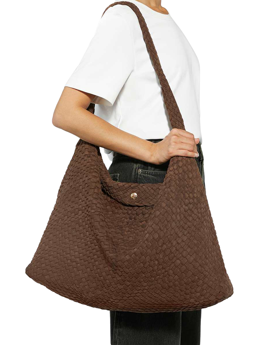 Product image 2 of 5, which shows Dune London Deliberate Extra Large Woven Shoulder Bag, Dark Brown