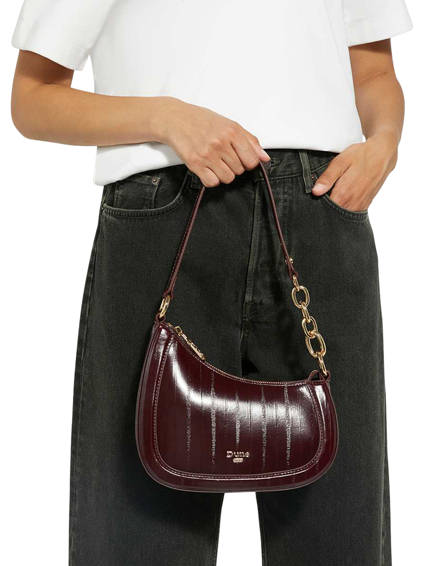 Product image 2 of 5, which shows Dune London Direction Asymmetric Chain Shoulder Bag, Burgundy