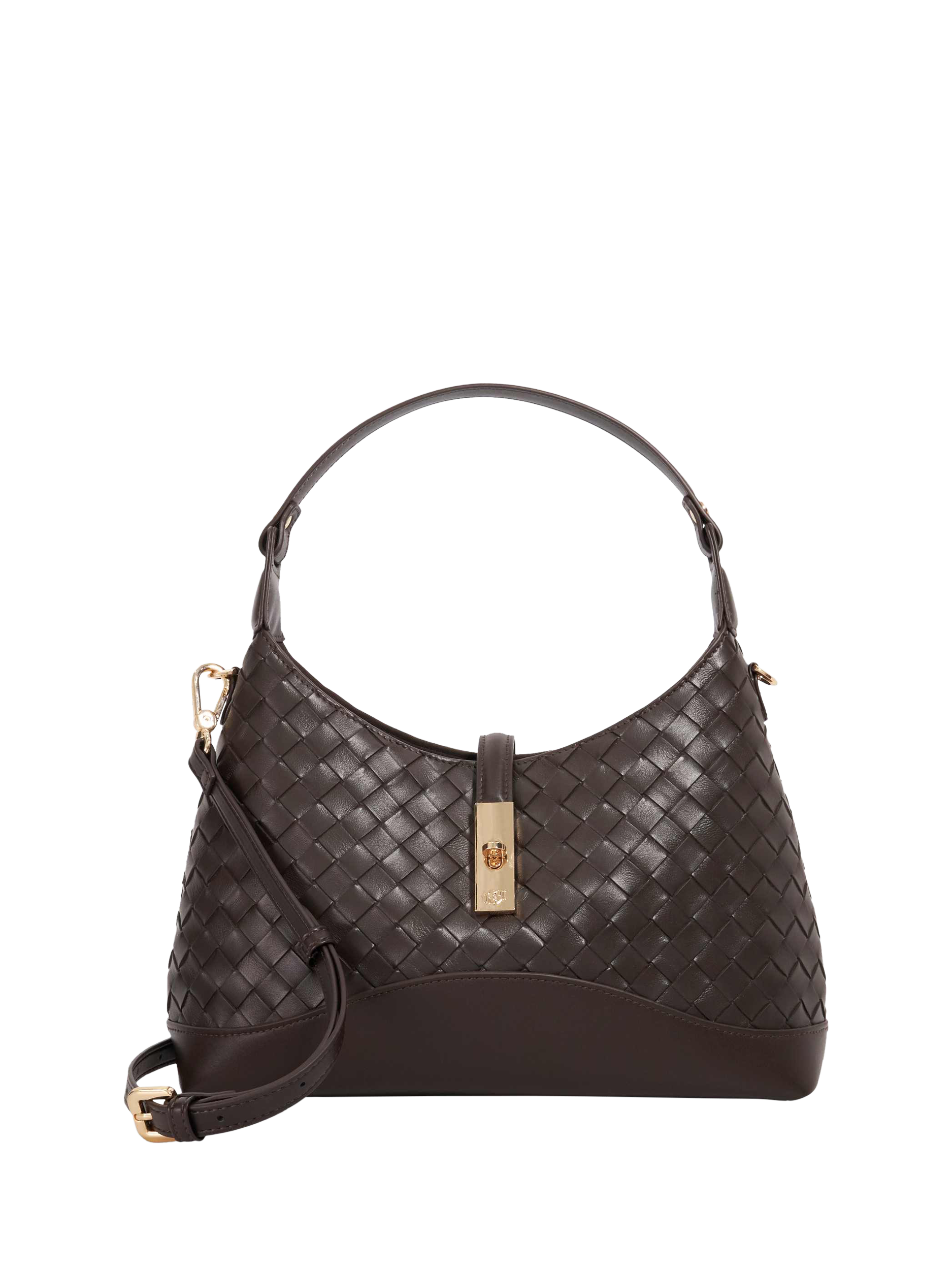 Product image 1 of 5, which shows Dune London Dorset Woven Leather Crossbody Bag, Dark Brown