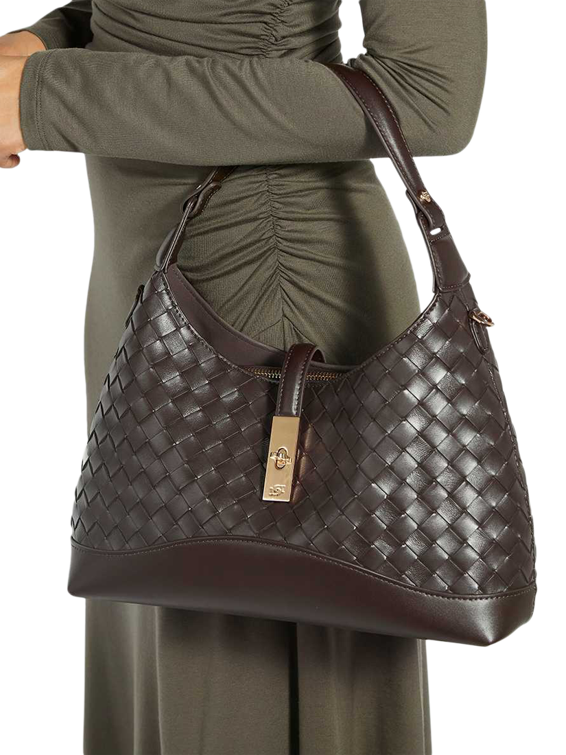 Product image 2 of 5, which shows Dune London Dorset Woven Leather Crossbody Bag, Dark Brown