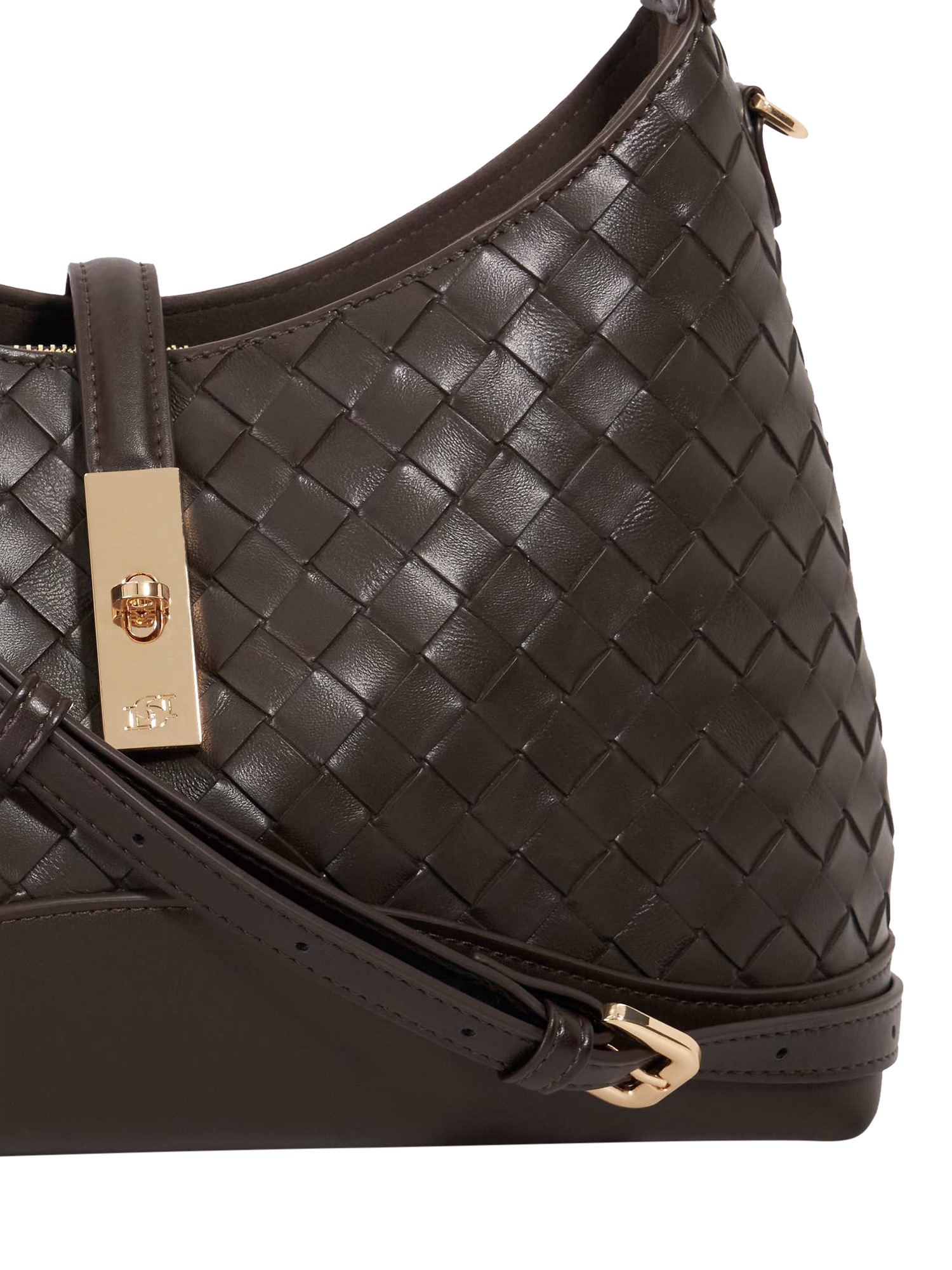 Product image 5 of 5, which shows Dune London Dorset Woven Leather Crossbody Bag, Dark Brown