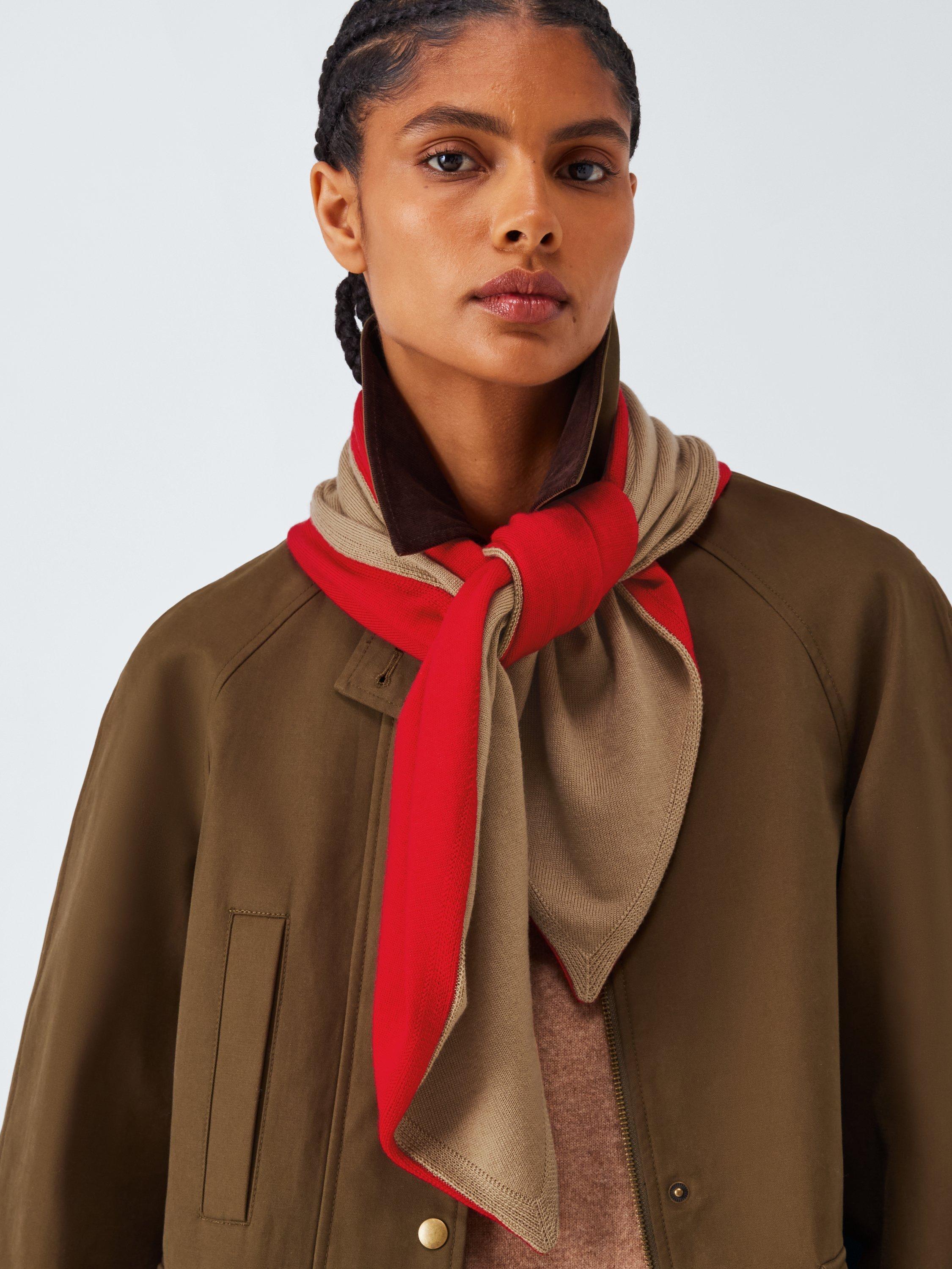 Product image 1 of 5, which shows John Lewis Double Face Foulard Wool Scarf, Tan/Red