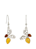 Be-Jewelled Baltic Cognac and Lemon Amber Bee Drop Earrings, Silver