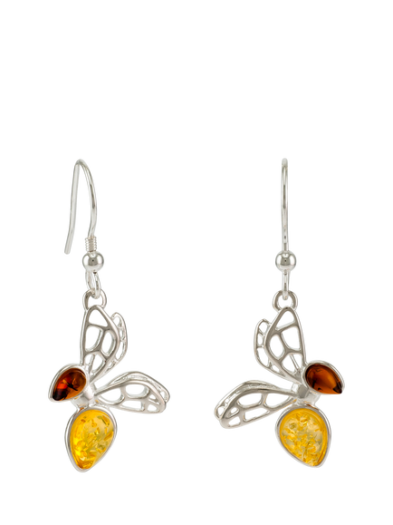 Be-Jewelled Baltic Cognac and Lemon Amber Bee Drop Earrings, Silver, Silver/Multi