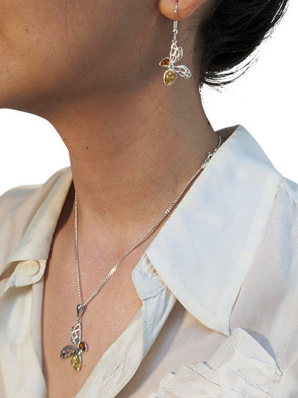 Be-Jewelled Baltic Cognac and Lemon Amber Bee Drop Earrings, Silver - view 2, Silver/Multi