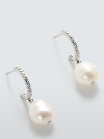 Lido Cubic Zirconia Half Hoop Pearl Earrings, Silver, Silver