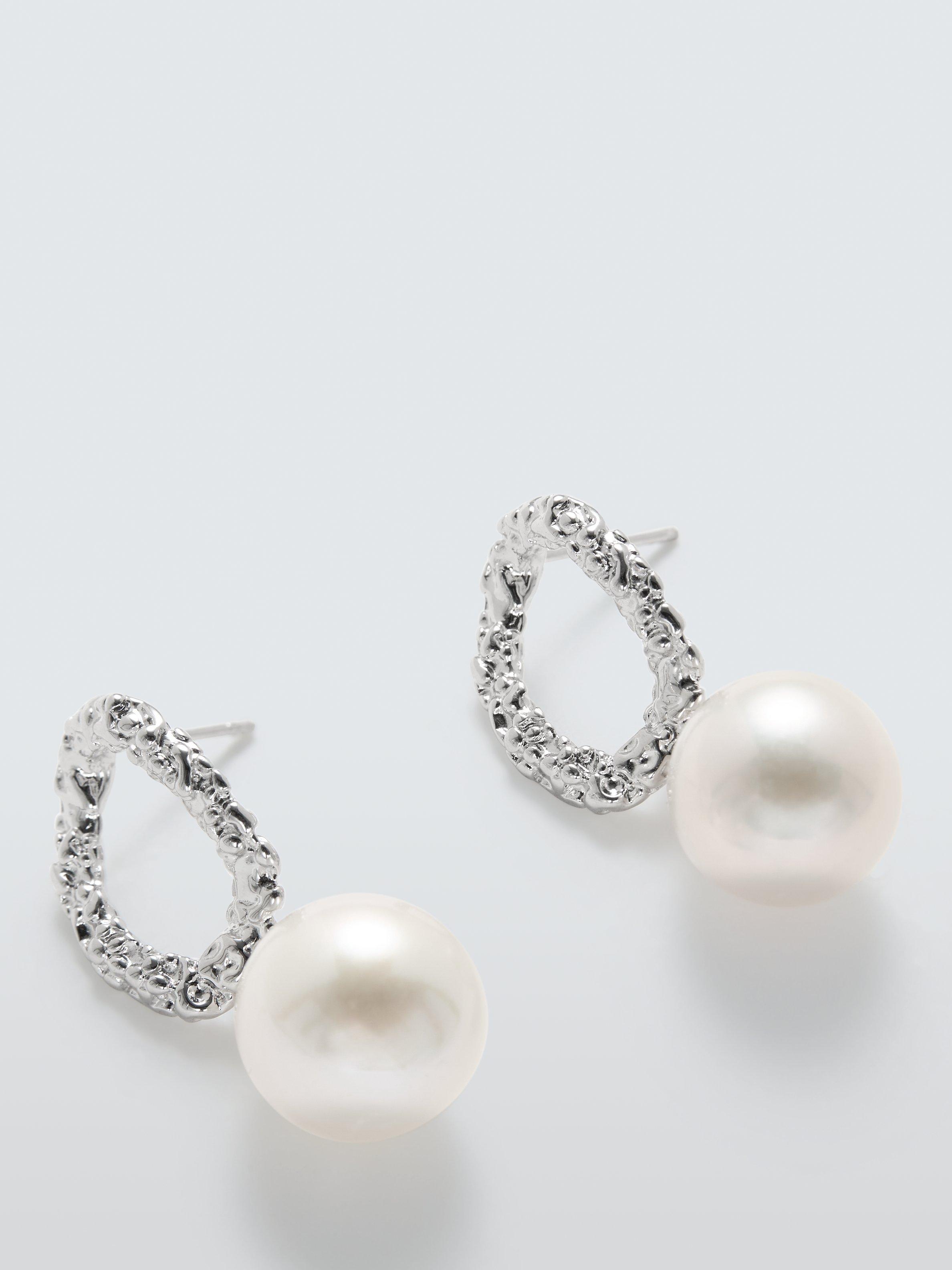 Product image 1 of 4, which shows Lido Hammered Open Ring Pearl Earrings, Silver