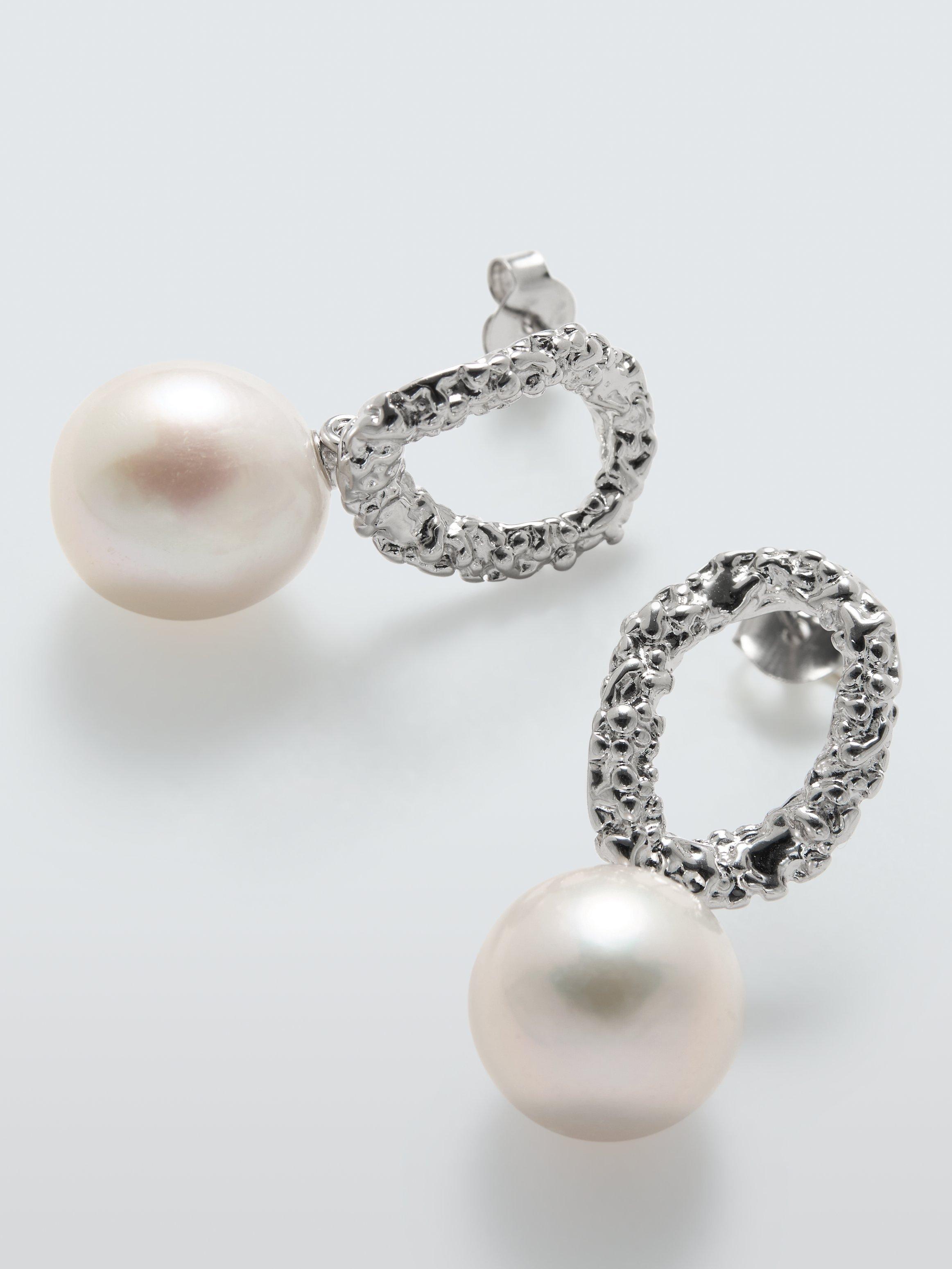 Product image 2 of 4, which shows Lido Hammered Open Ring Pearl Earrings, Silver