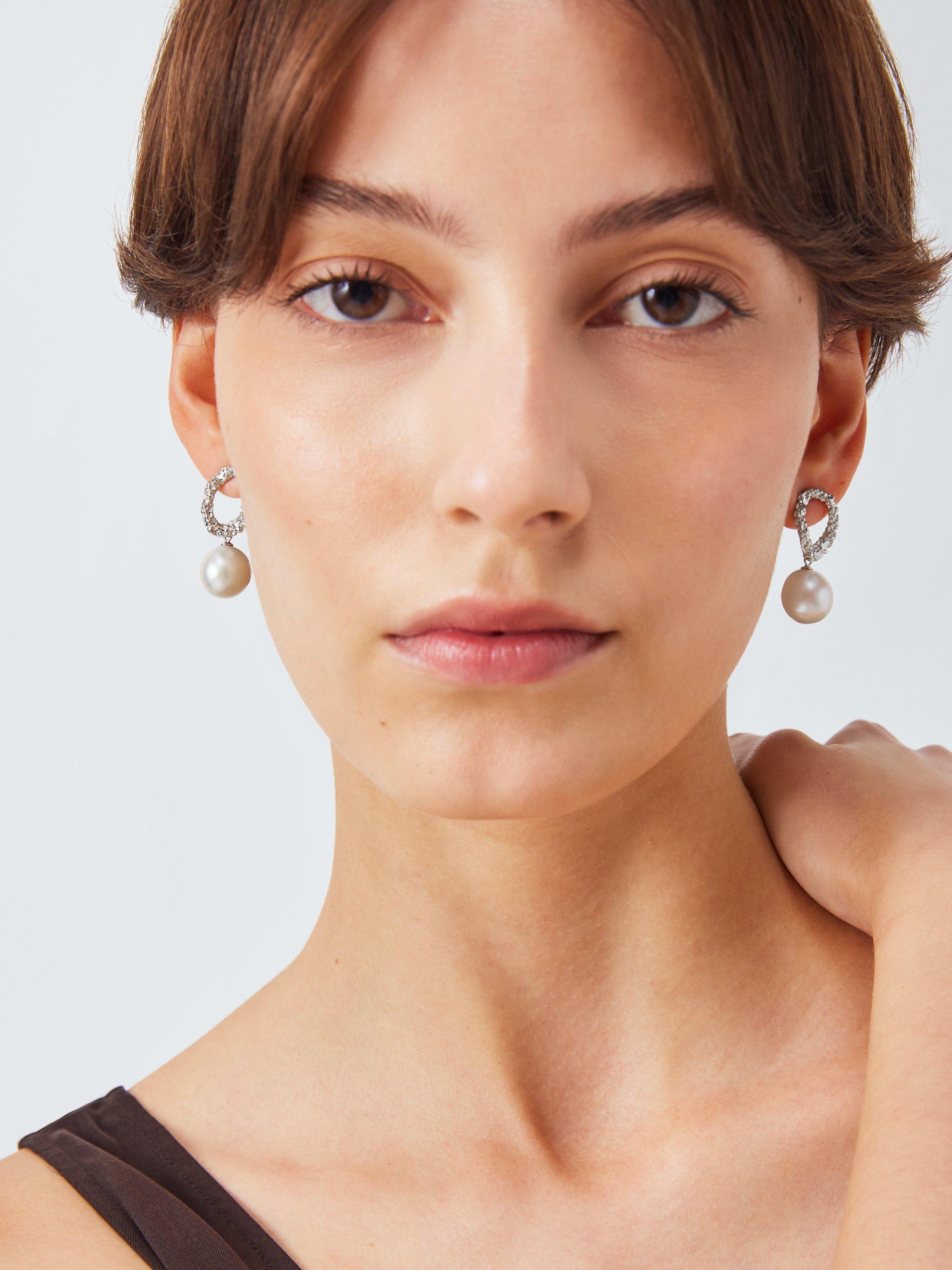 Product image 3 of 4, which shows Lido Hammered Open Ring Pearl Earrings, Silver