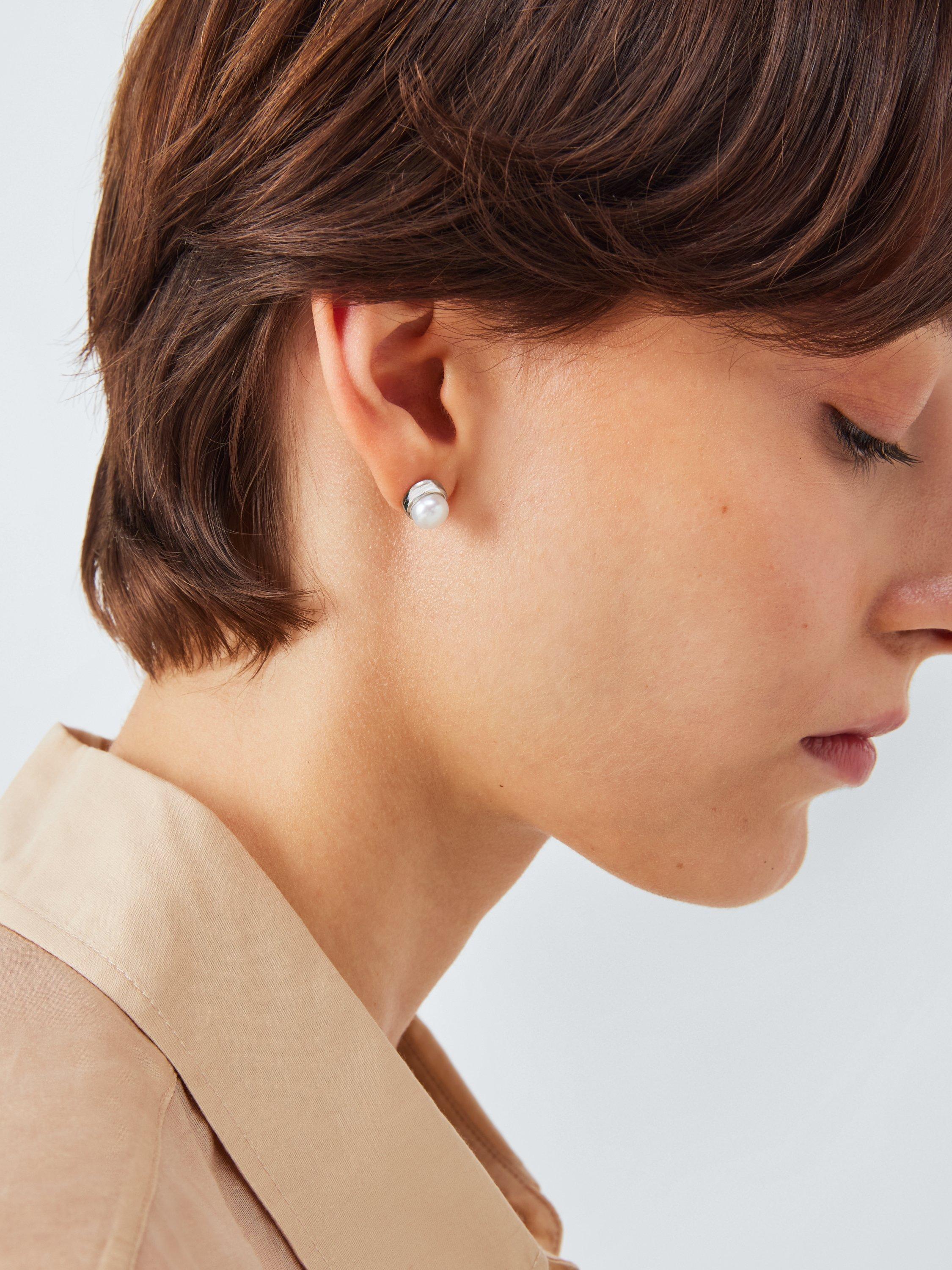 Product image 1 of 4, which shows Lido Bezel Pearl Stud Earrings, Silver