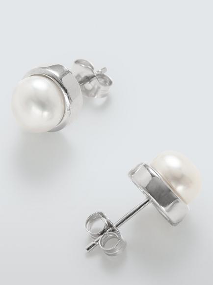 Lido Bezel Pearl Stud Earrings, Silver - view 2, Silver