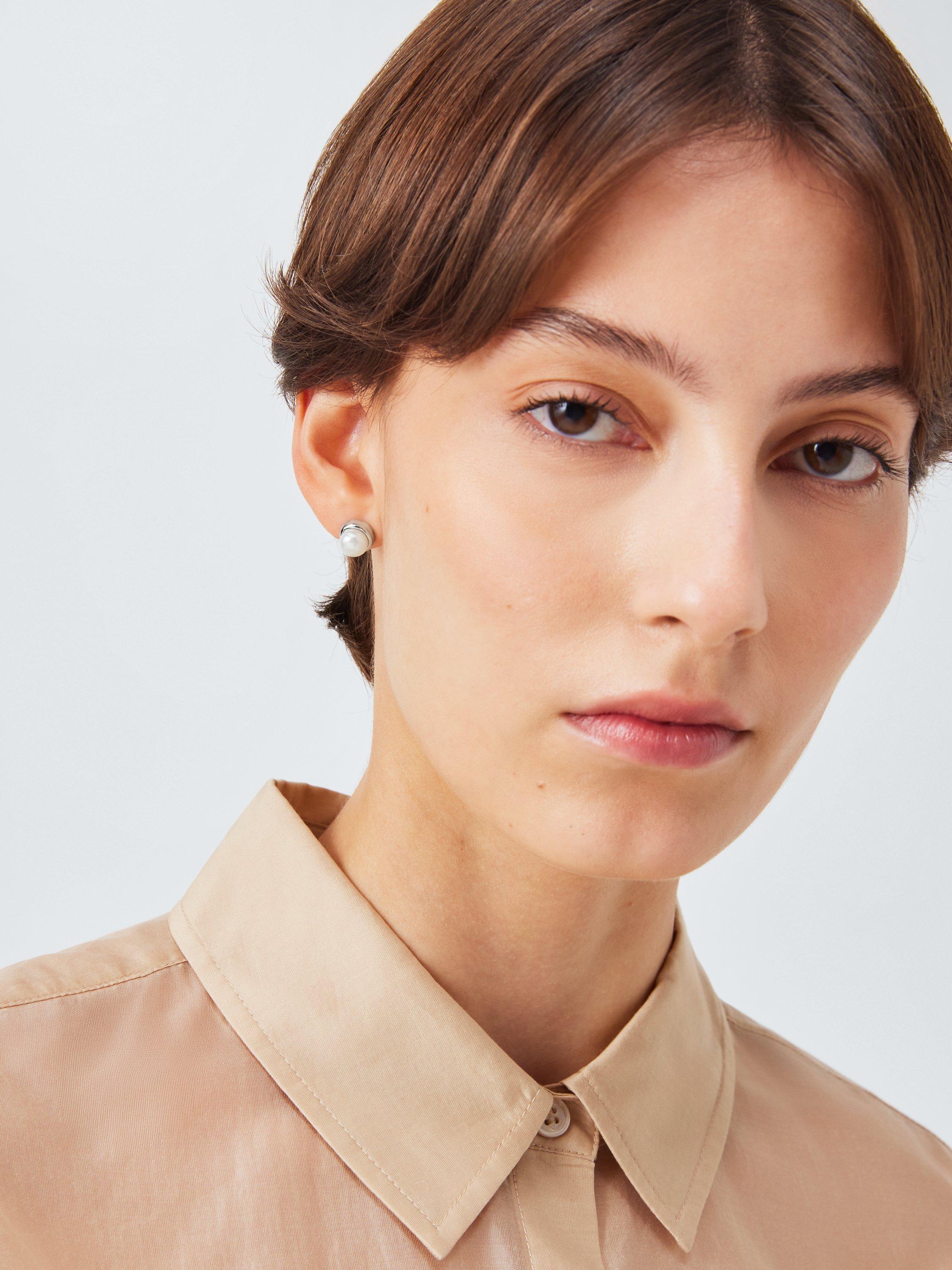 Product image 3 of 4, which shows Lido Bezel Pearl Stud Earrings, Silver