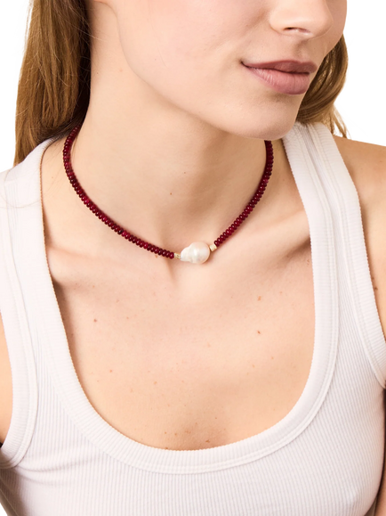 By Alona Verity Necklace, Red/Gold - view 2, Red Jade/Pearl