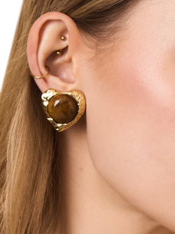 By Alona Eva Tiger's Eye Clip Earrings, Gold - view 2, Gold/Tiger Eye