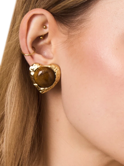 By Alona Eva Tiger's Eye Clip Earrings, Gold - view 2, Gold/Tiger Eye