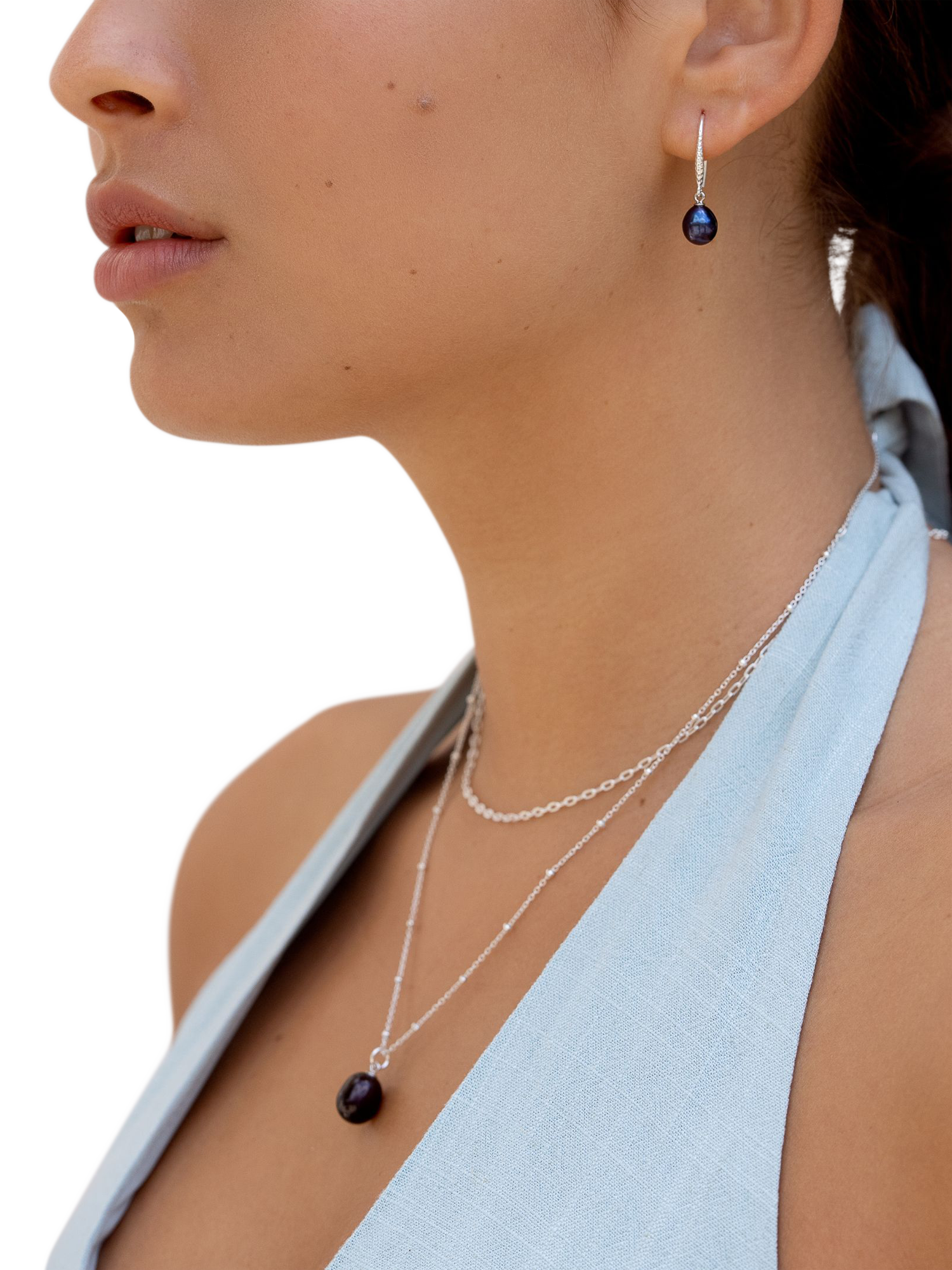 Product image 2 of 5, which shows Dower & Hall 8mm Oval Peacock Luna Pearl Drop Earrings, Silver/Purple