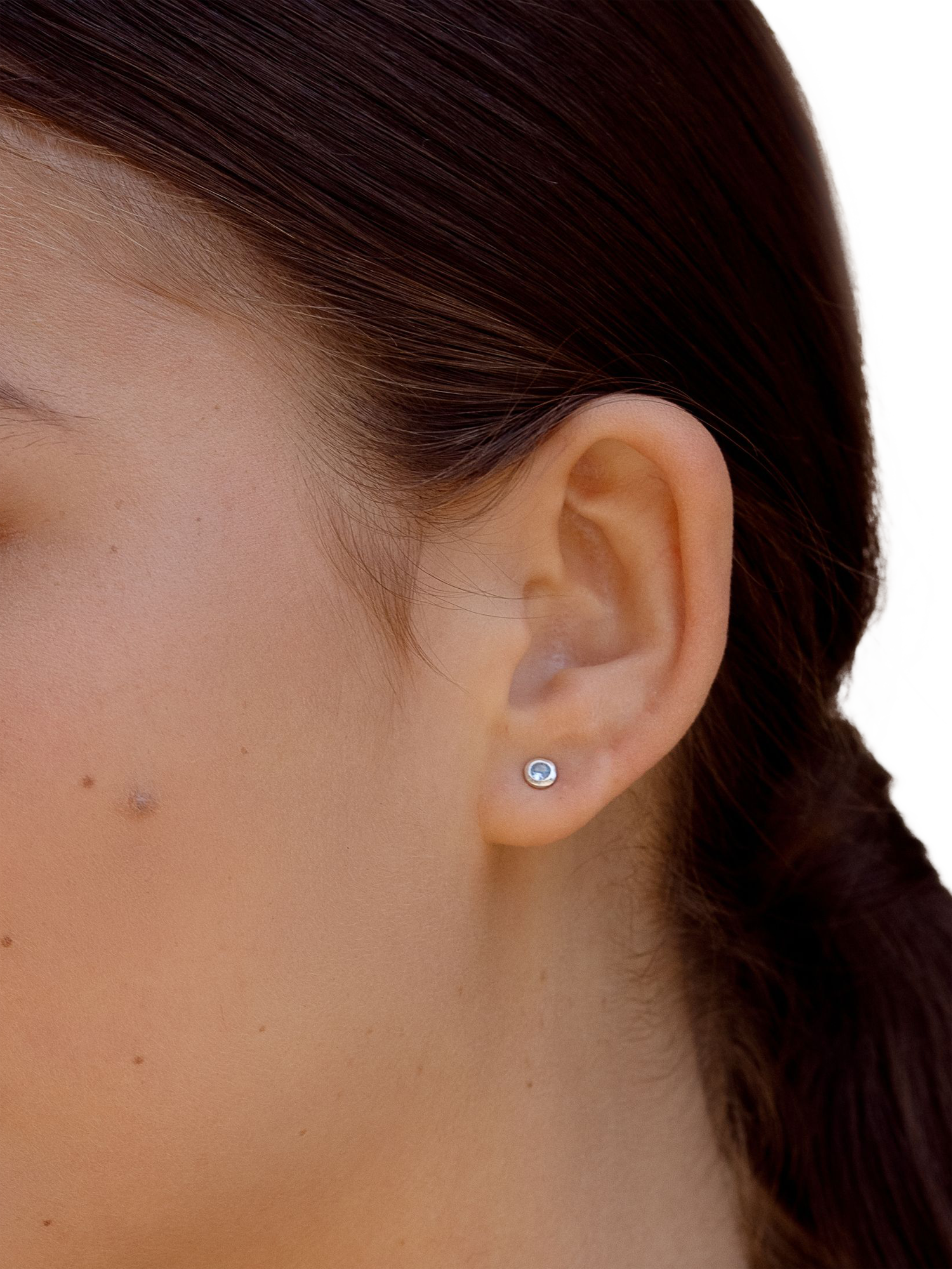 Product image 3 of 3, which shows Dower & Hall 3mm Aquamarine Dewdrop Stud Earrings, Silver/Blue