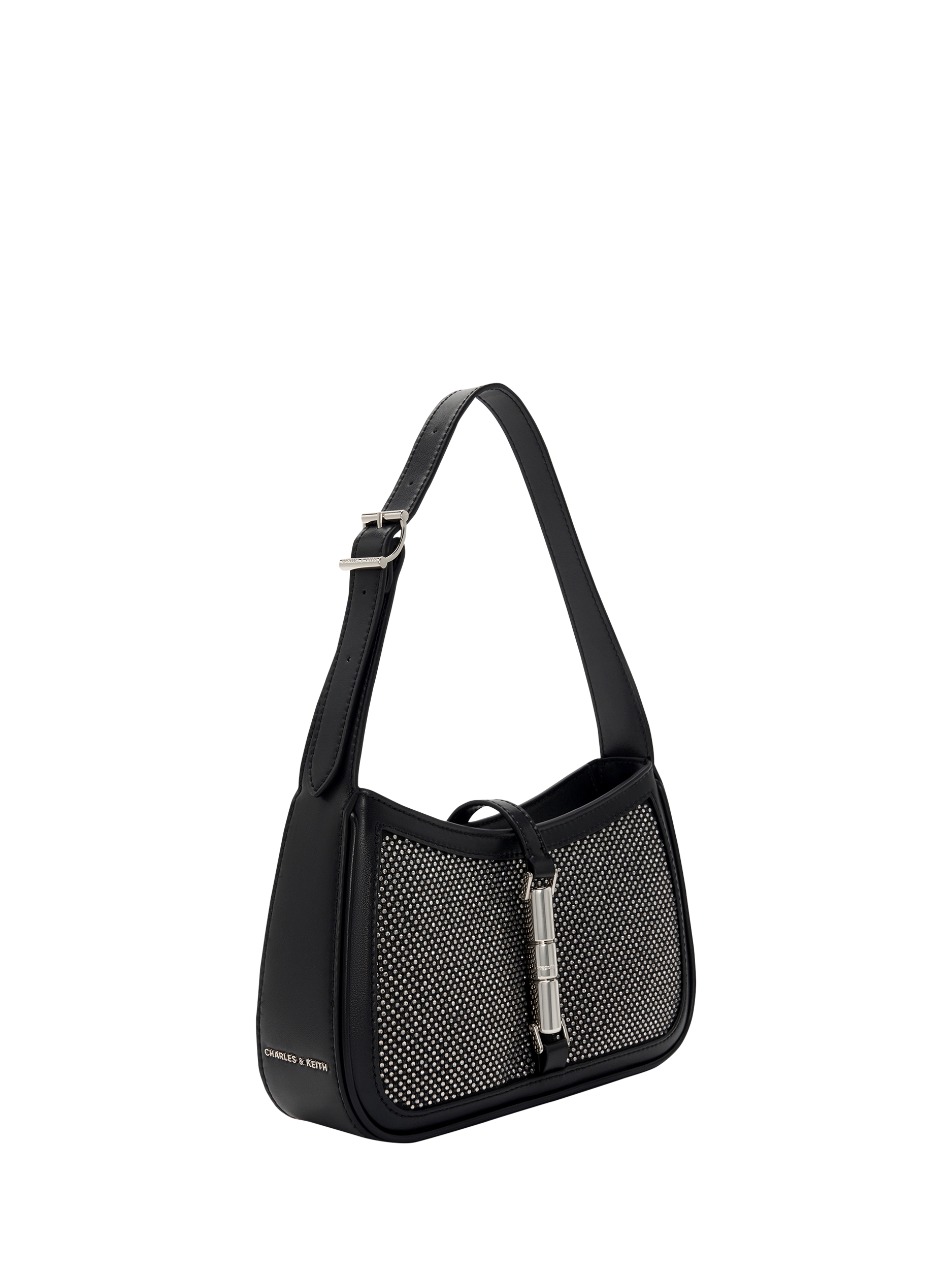 Product image 2 of 5, which shows CHARLES & KEITH Cesia Glitter Satin Shoulder Bag, Black